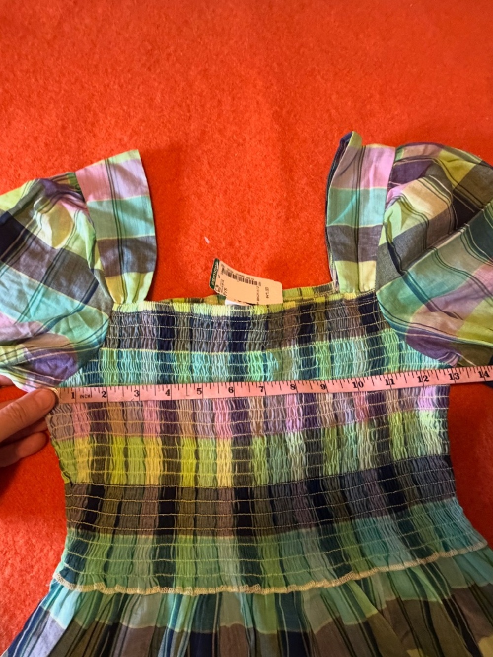 Blue, green and purple boho peasant plaid smocked cotton blouse NWT - Picture 7 of 10